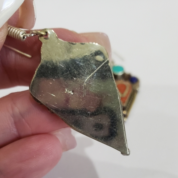 Tibetan Turquoise Lapis Lazuli Gem 925 Drop Earrings - Picture 11 of 12